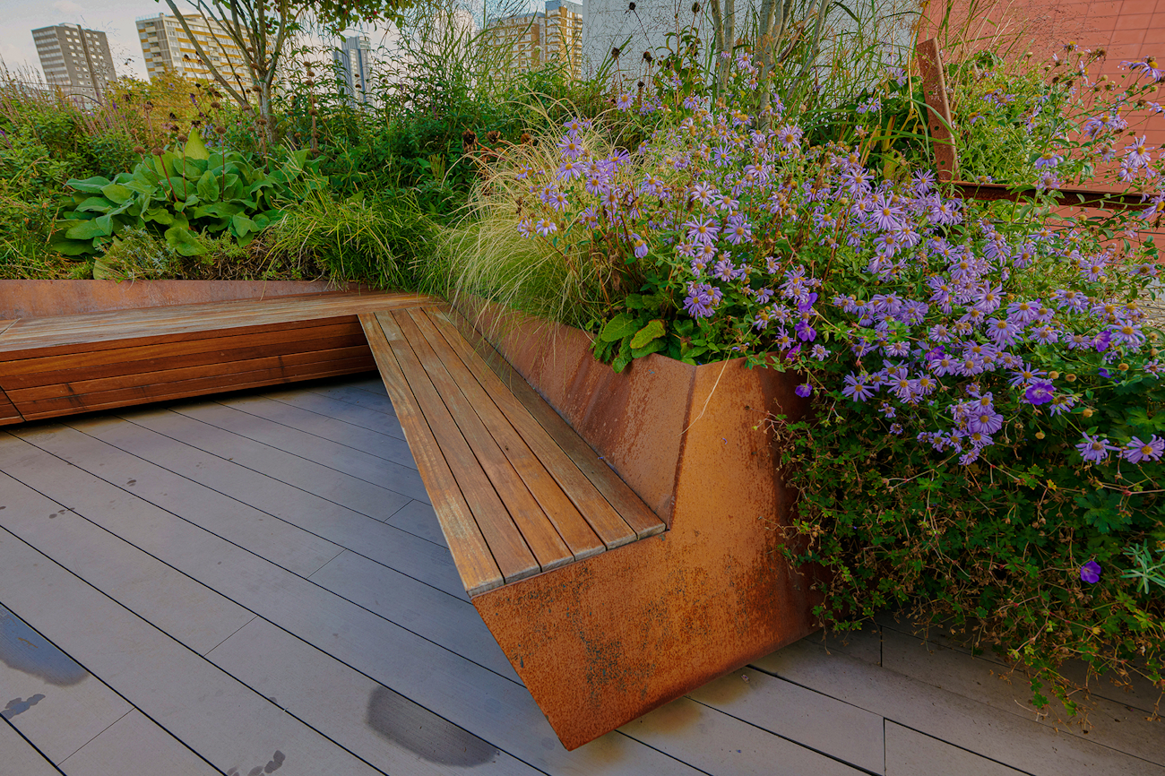 Corten Steel Angular Planter Walls, Decking and Benches at 116 Old Street