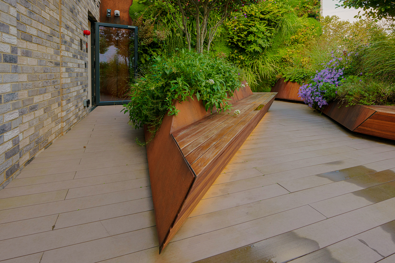 Corten Steel Angular Planter Walls, Decking and Benches at 116 Old Street