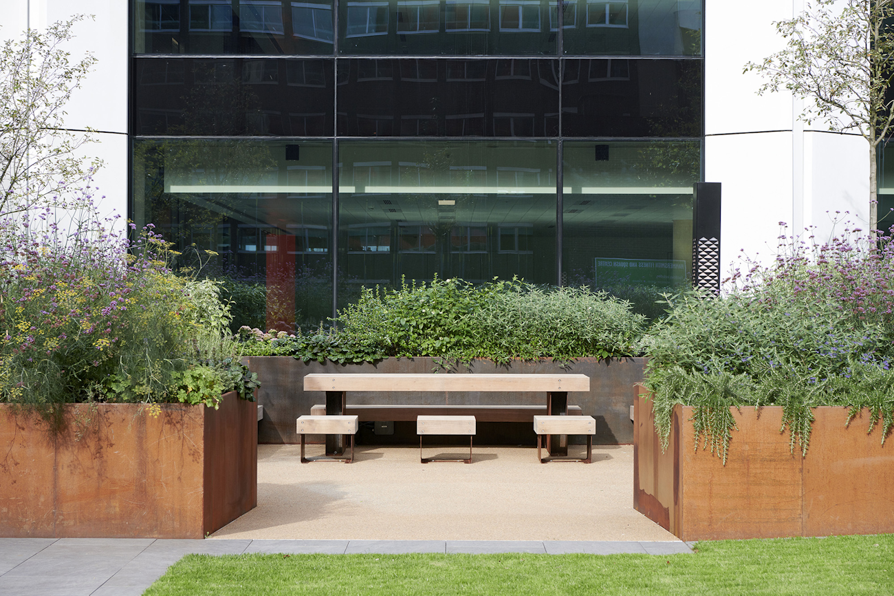 orten steel planters and timber benches at 245 Hammersmith