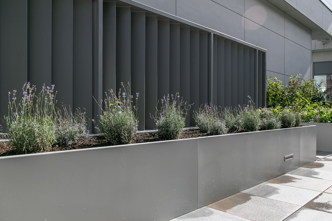Powder Coated Straight Wall Planters at Vega Roof Terrace, Miles Street